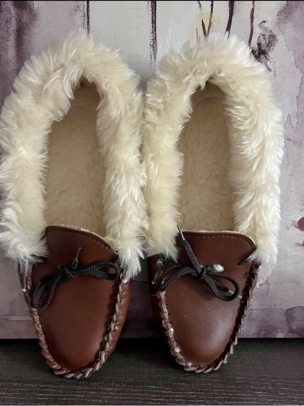 Faux-Fur Lined Brown Moccasin Slippers - Women
